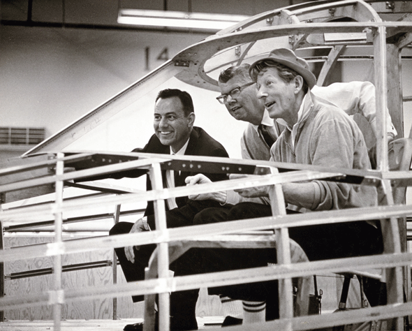 Clay Lacy, Bill Lear and Danny Kaye check out a Learjet factory mockup in 1964. While Lear created the world’s first business jet, Lacy and Kaye did their part to create the jetset. The two were partners in a Learjet dealership north of Hollywood. Photo courtesy of Clay Lacy Aviation.