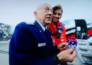 This gentleman watched Amelia Mary Earhart depart from Oakland International Airport in 1937. He was waiting with a giant bouquet of roses when Amelia Rose Earhart returned on July 11, 2014 and became the youngest woman to fly around the world in a single-engine plane. He said he’d waited 77 years to deliver those flowers.